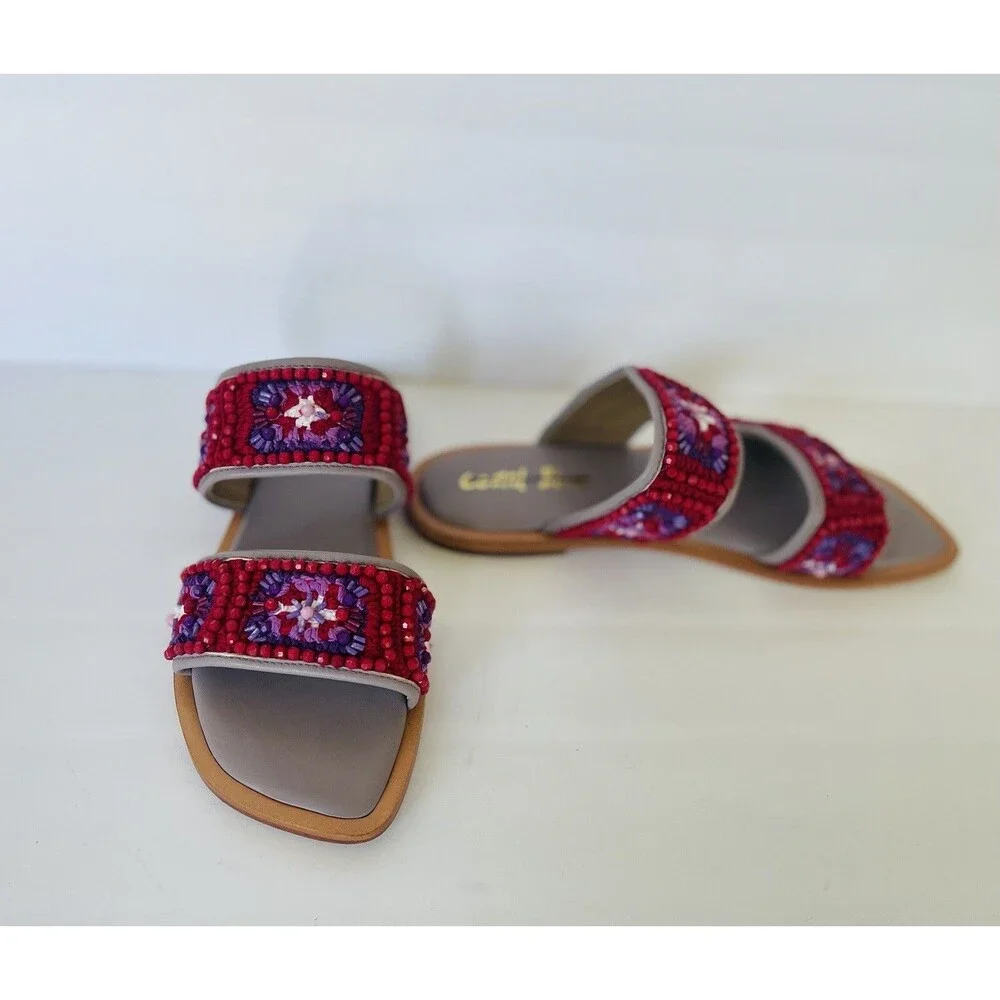 Anthropologie Coral Blue Purple Red Granny Square Flats Embroidery Bead Sandal 9